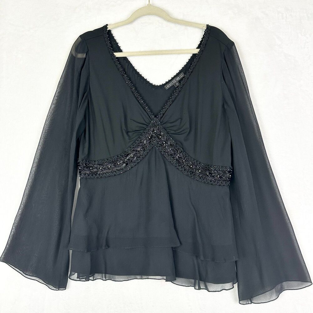 Lafayette 148 Beaded Silk Top Size 14 Black V-Neck Chiffon Lined Sheer Sleeve